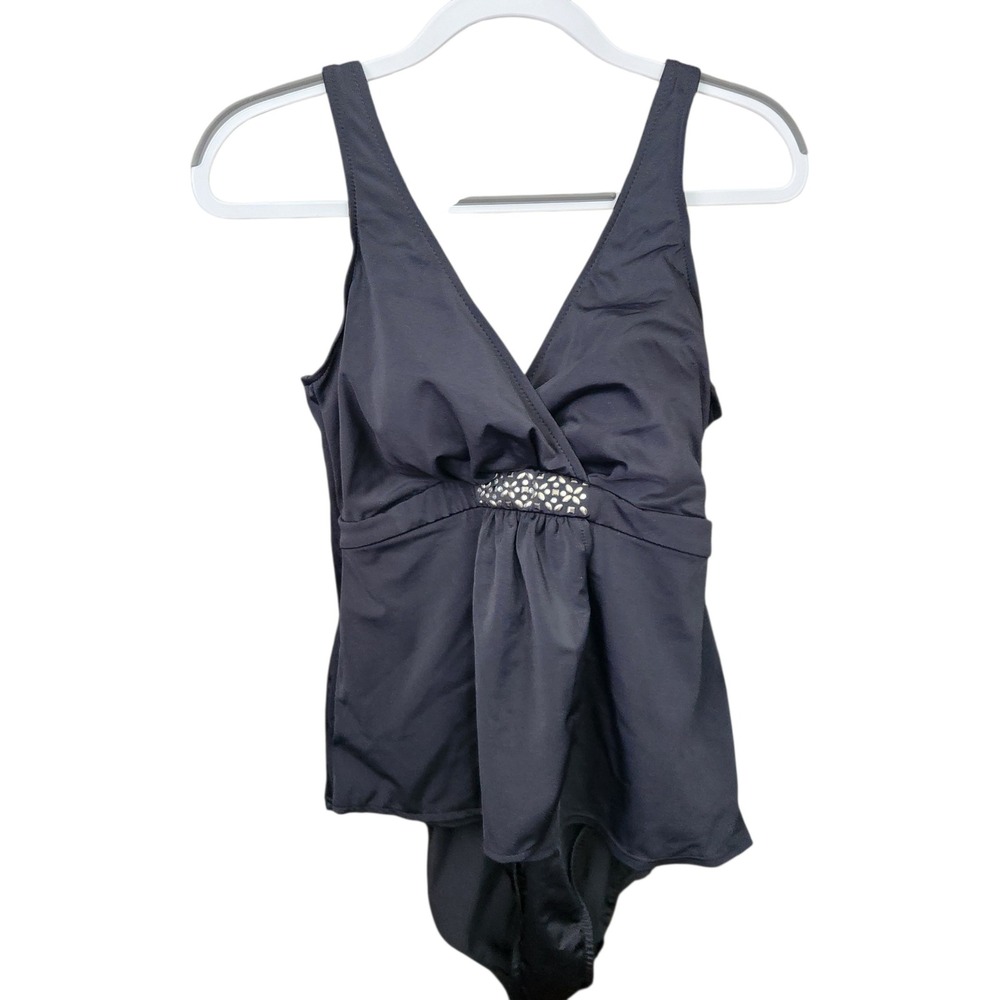 NWT Miraclesuit One Piece Swimdress Faux Tankini Women Black‎ Studded V-Neck 16